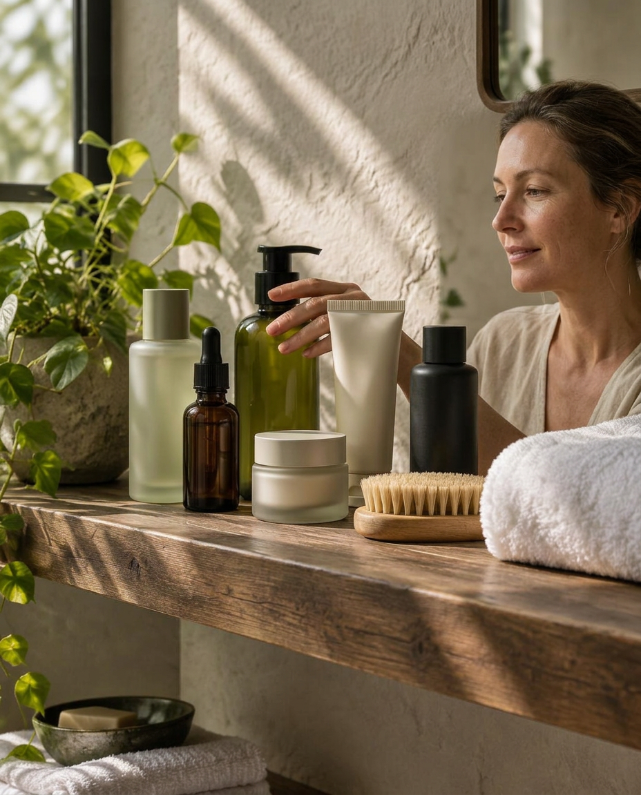 Woman choosing a bottle from a sunlit bathroom shelf