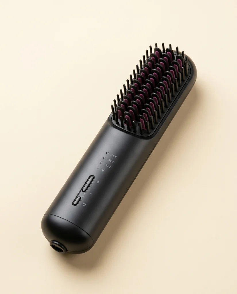 The black cordless beard and hair brush on a cream background