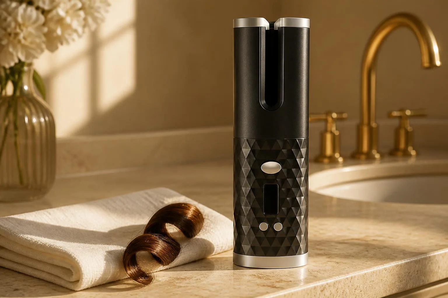 The black curler on a travertine counter beside a finished curl