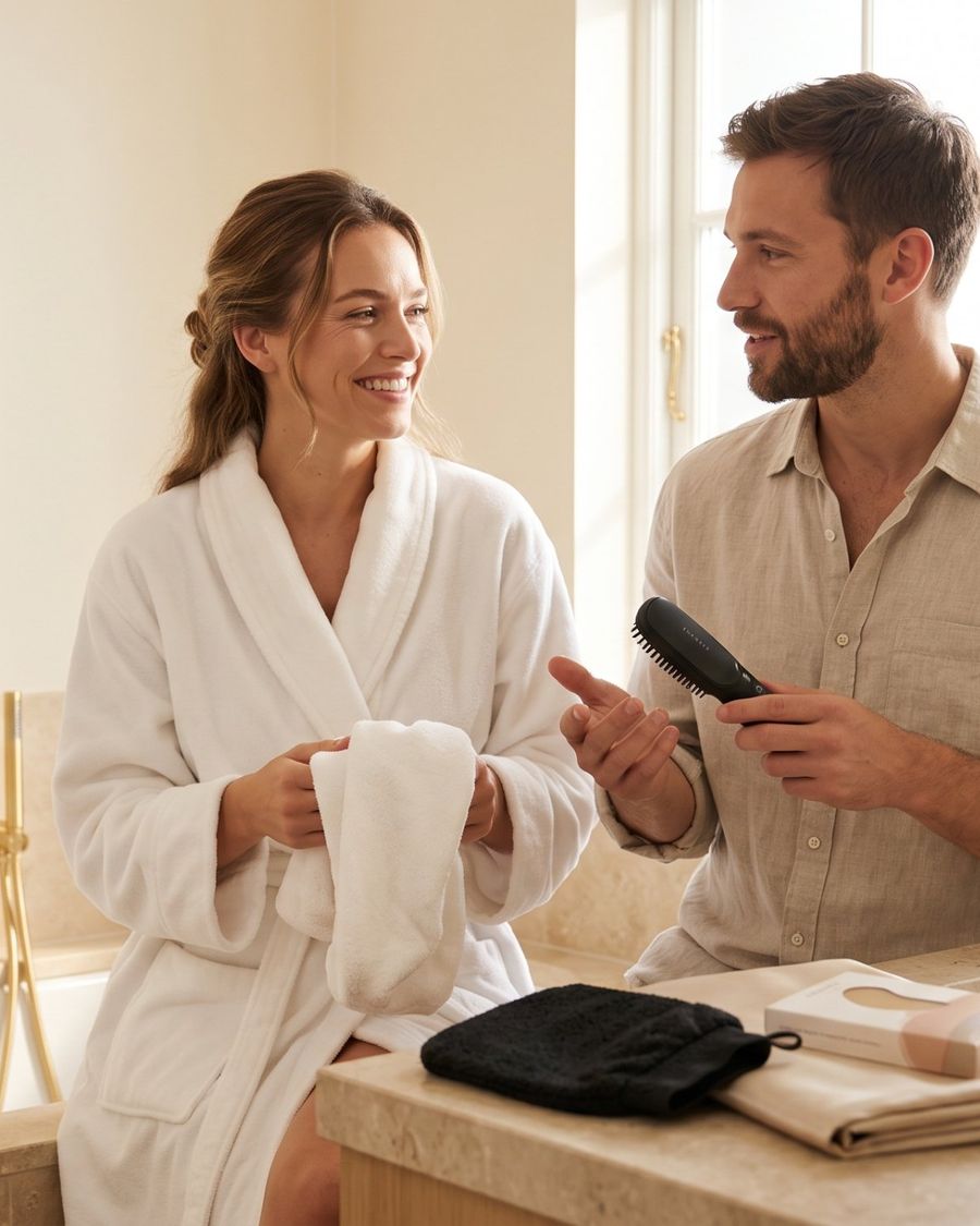 A woman in a white robe and a man in a linen shirt sharing their morning routine in a bright cream bathroom.