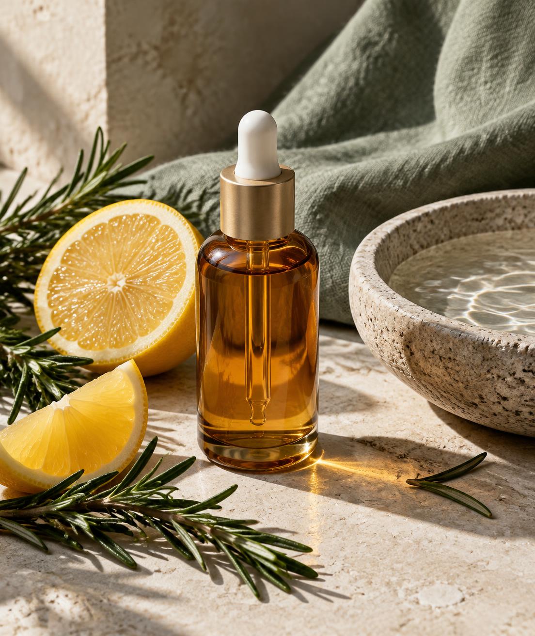 Amber bottle with citrus and rosemary on a sunlit stone surface