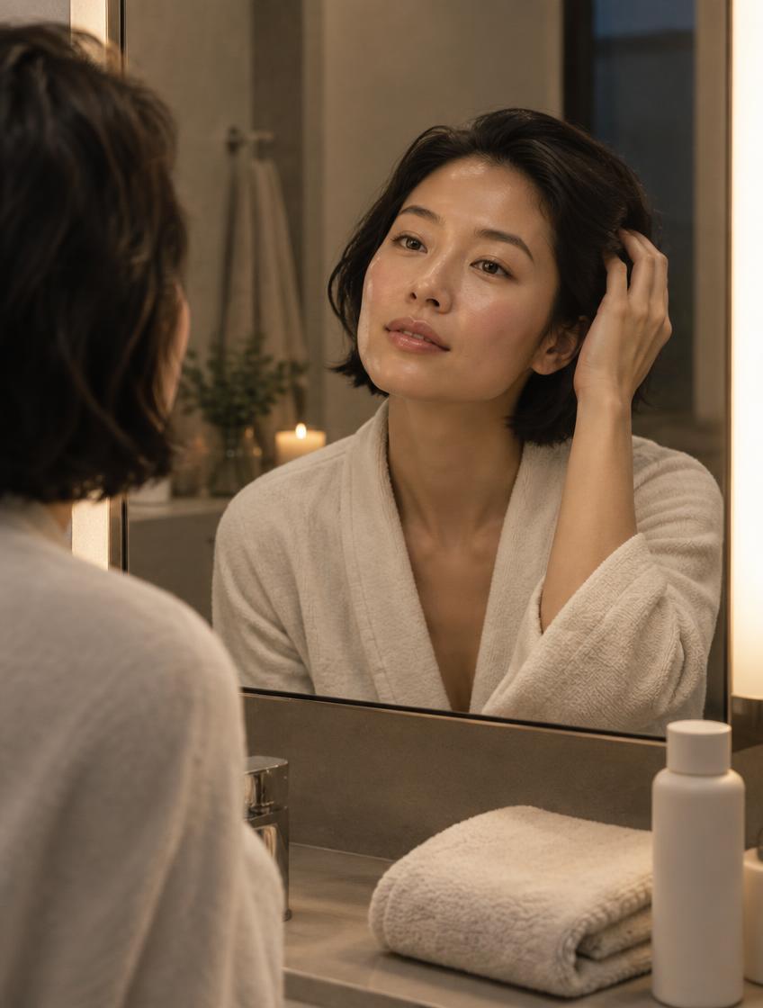 Woman caring for her hair in a bathroom mirror