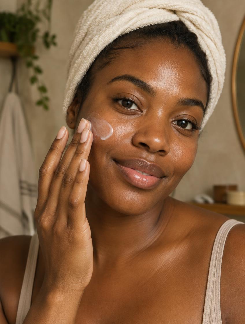 Woman applying moisturizer as part of her morning routine