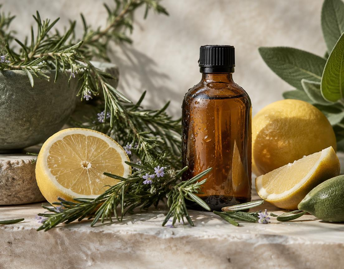Rosemary, citrus and an amber bottle on a light stone surface