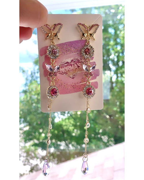 Long pink butterfly earrings